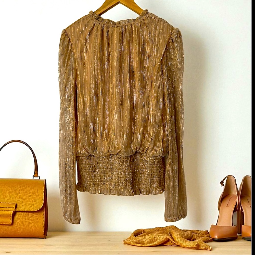 Joie Shimmering Golden/Tan Smocked Long Sleeve Blouse